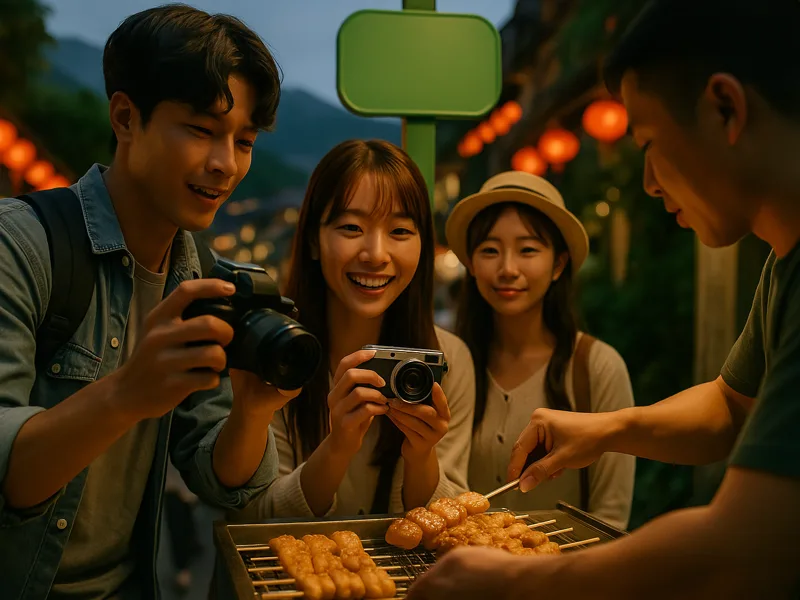 韓國旅遊創作者在台灣夜市拍攝小吃。
