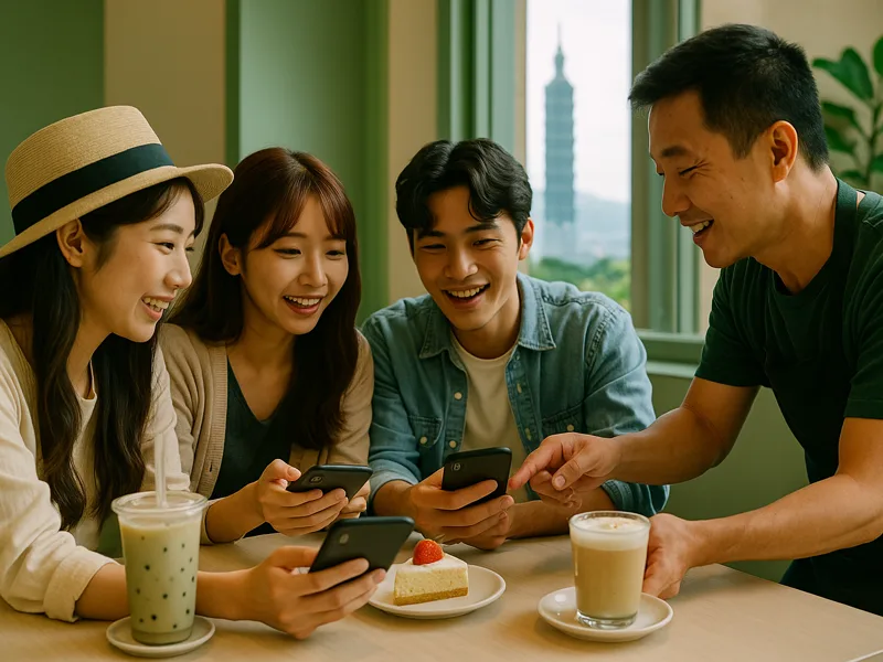 韓國旅客在台北咖啡店與店家討論行程。